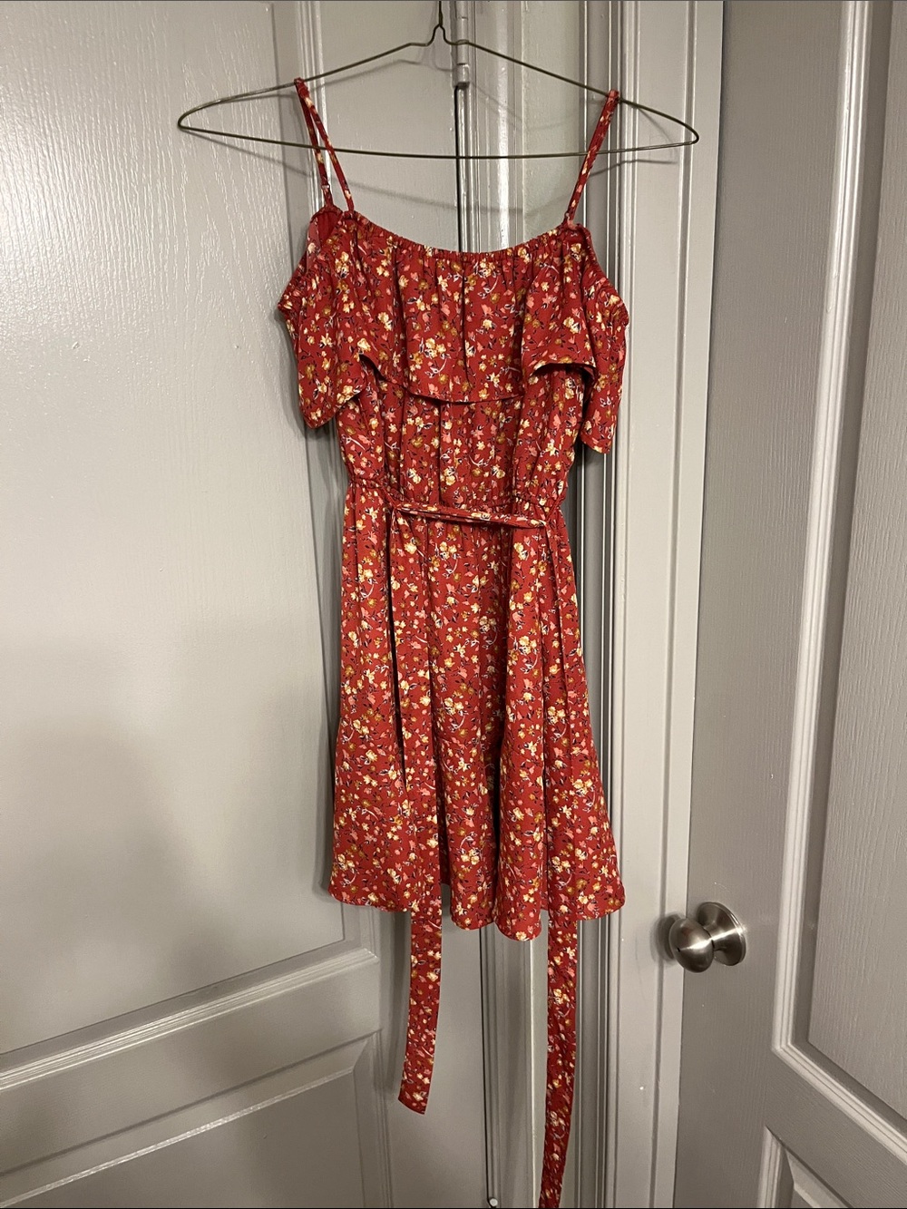 Blue Rain Red Floral Off-Shoulder Mini Dress with Tie Belt